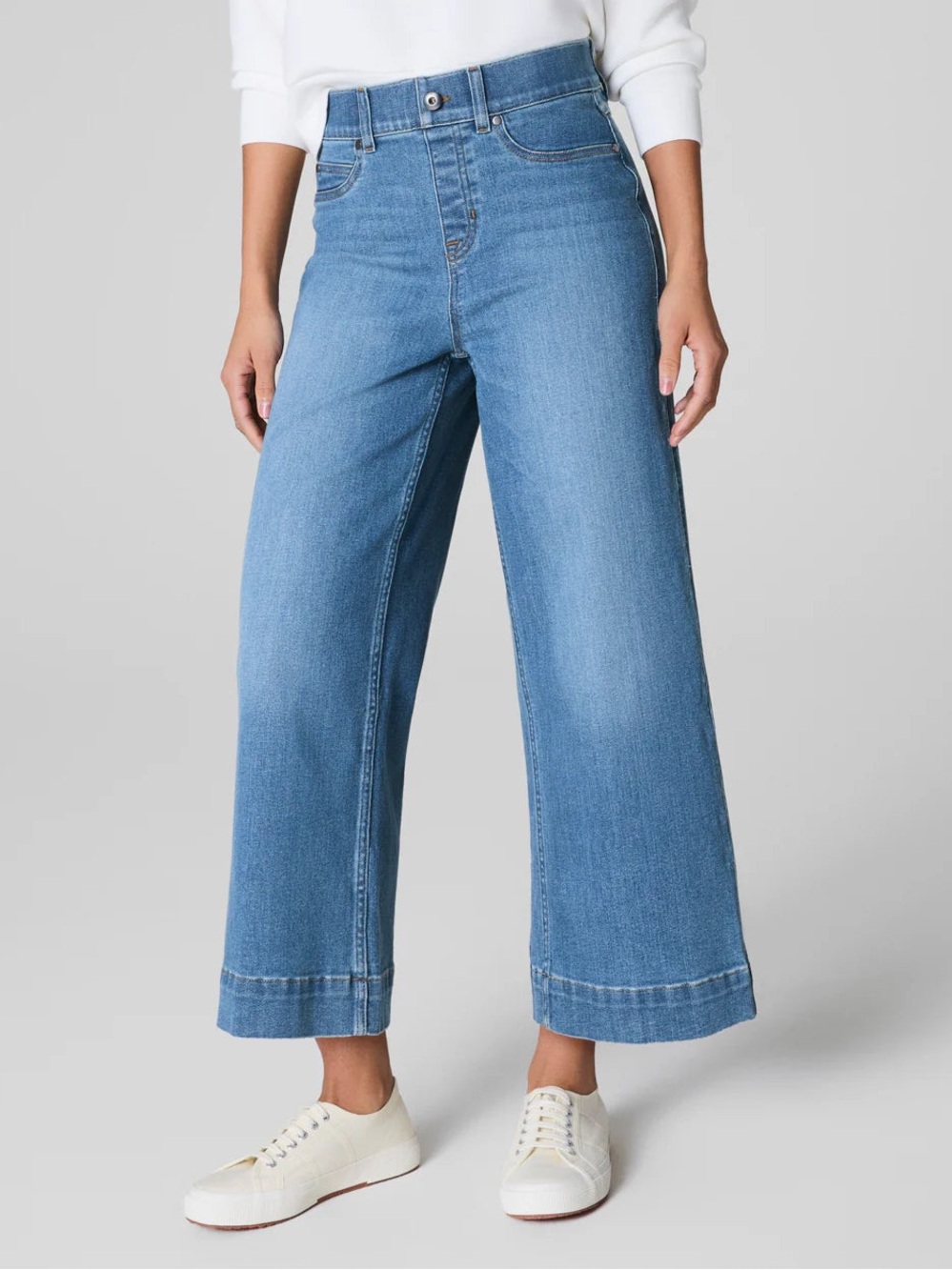 NWT SPANXshape Pull On EveryWear Cropped Wide Leg Jeans in Stonewash